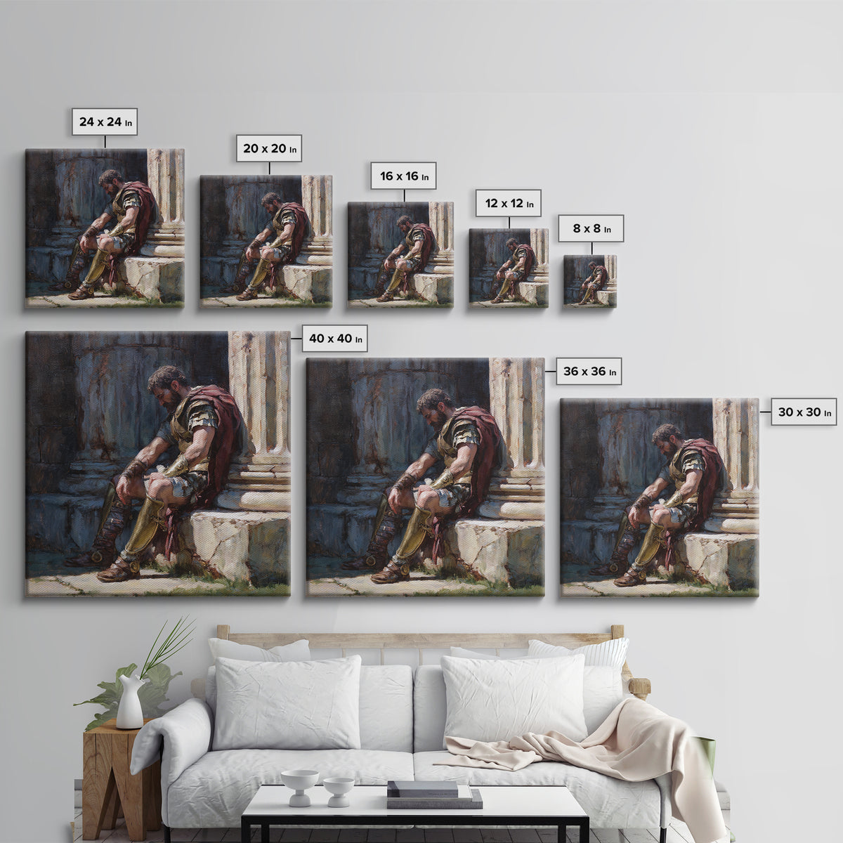 Weary Roman Soldier Resting Beside Columns Framed Canvas Print, Classical Portrait Art, Historical Wall Decor, Gift For Him