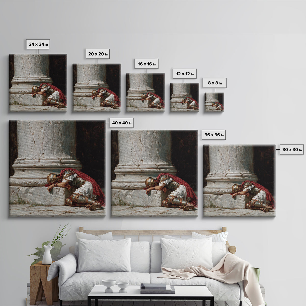 Fallen Roman Soldier Beside Marble Column, Classical Framed Canvas Print, Historical Wall Art, Ancient Rome Decor, Museum Style