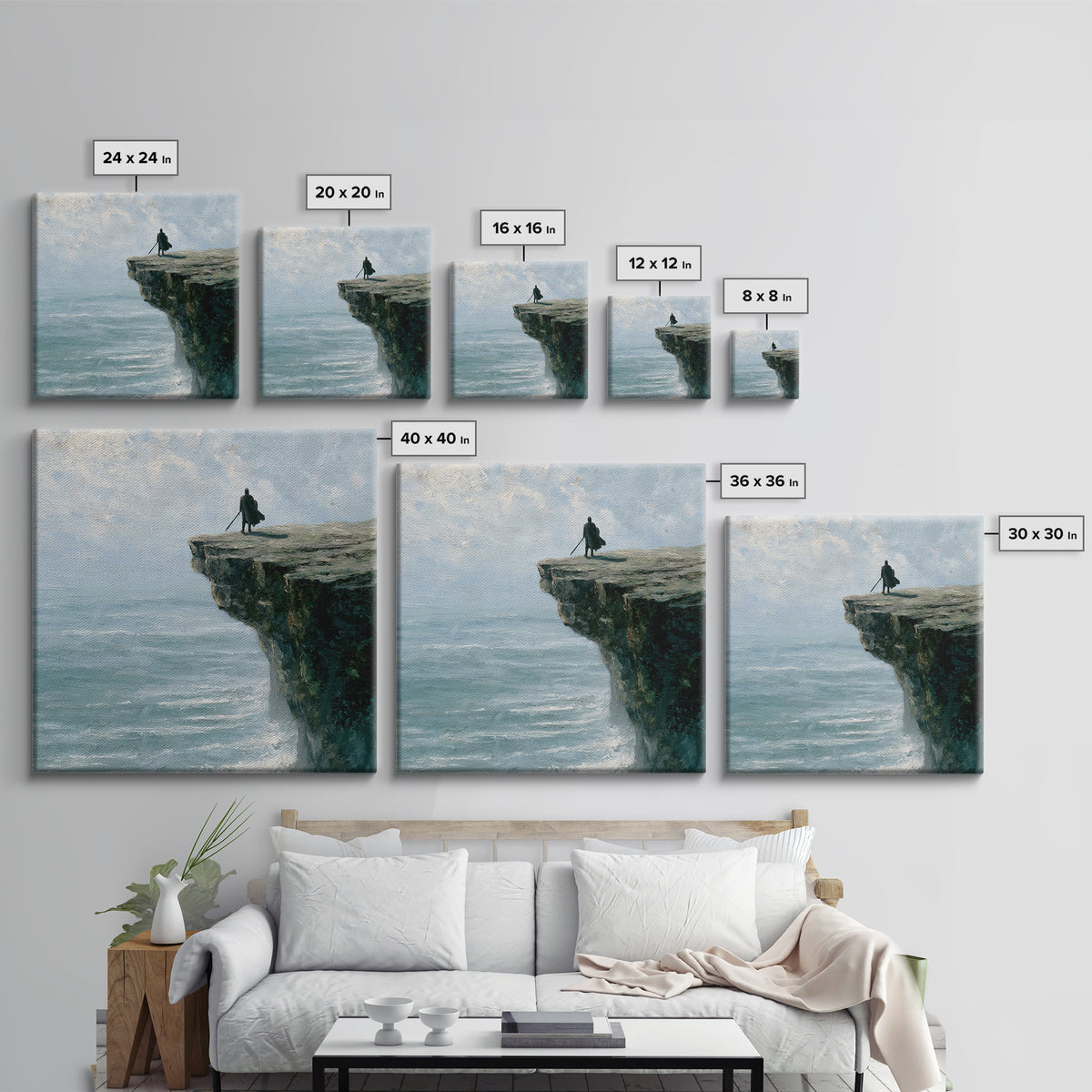 Lone Wanderer On Ocean Cliff Canvas Print, Moody Seascape Landscape Art, Coastal Fantasy Decor, Large Wall Art For Living Room