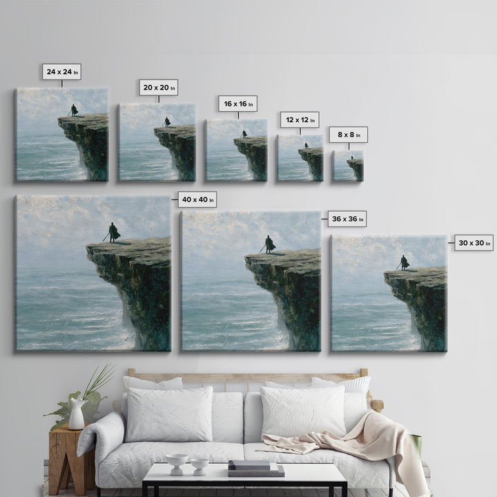 Lone Wanderer On Ocean Cliff Canvas Print, Moody Seascape Landscape Art, Coastal Fantasy Decor, Large Wall Art For Living Room