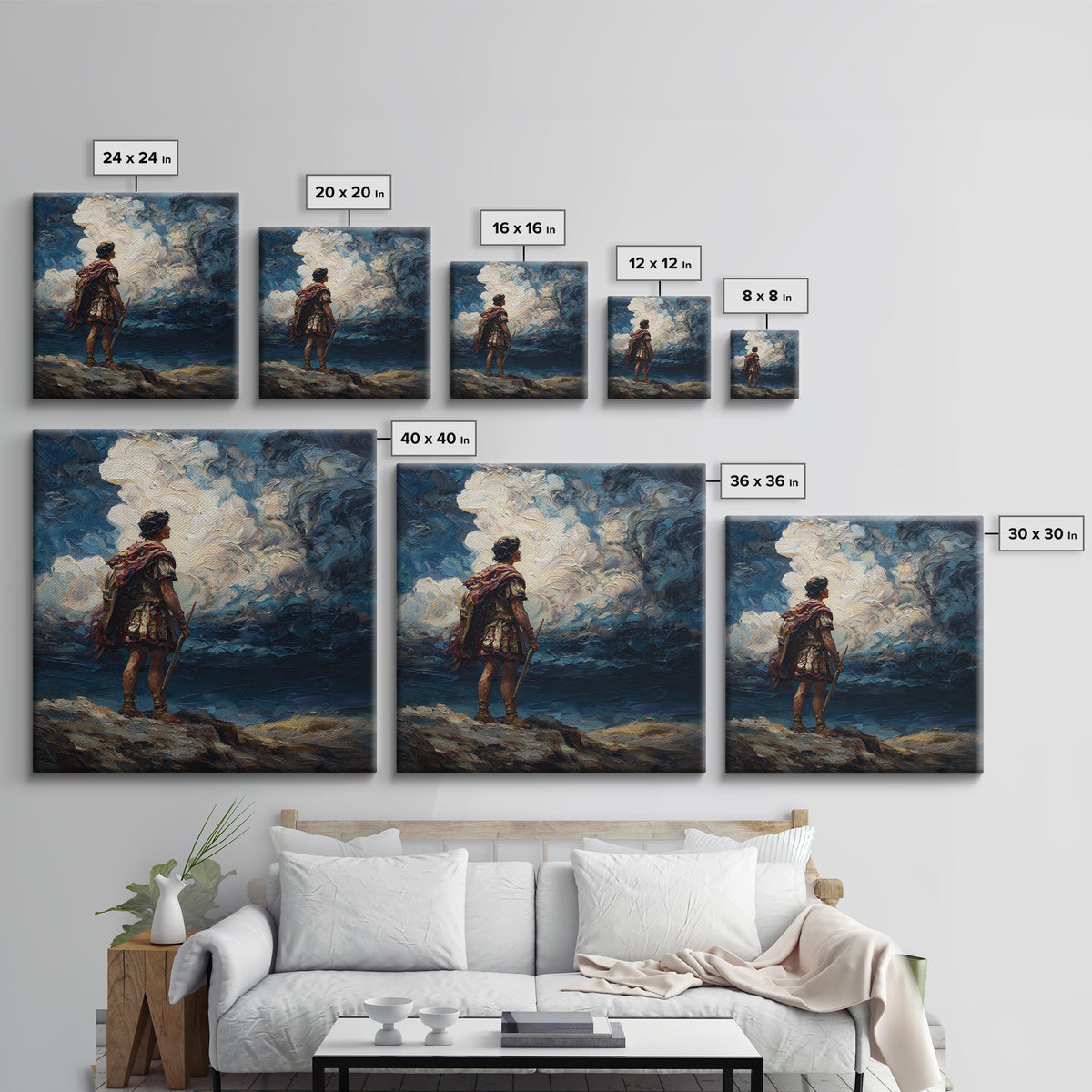 Roman Warrior Under Storm Clouds Framed Canvas Print, Dramatic Mythological Art, Dark Academia Office Decor Gift For Him
