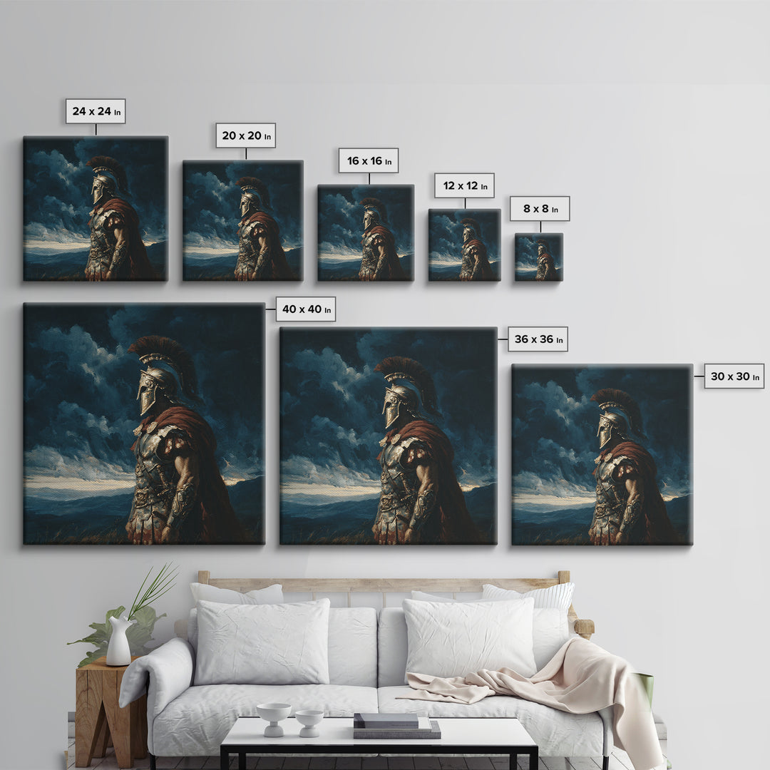 Stoic Roman Warrior Under Storm Clouds Framed Canvas Print, Mythological Art, Dark Academia Decor, Masculine Office Wall Art