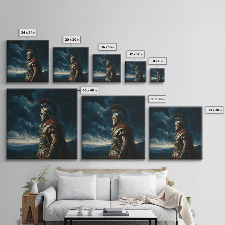 Stoic Roman Warrior Under Storm Clouds Framed Canvas Print, Mythological Art, Dark Academia Decor, Masculine Office Wall Art