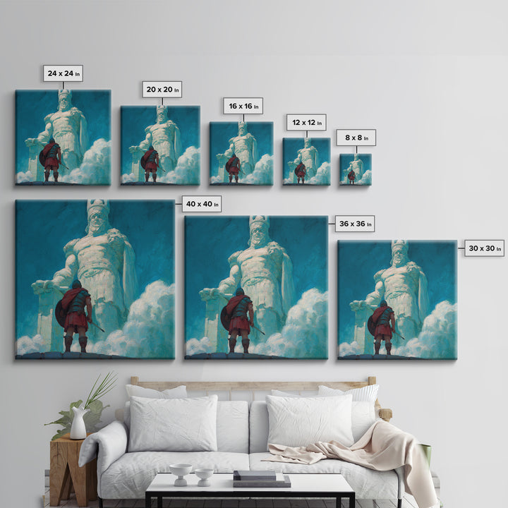 Hero Before Colossal Ancient Statue Framed Canvas Print, Fantasy Wall Art, Mythological Art, Blue Wall Decor, Gift For Him