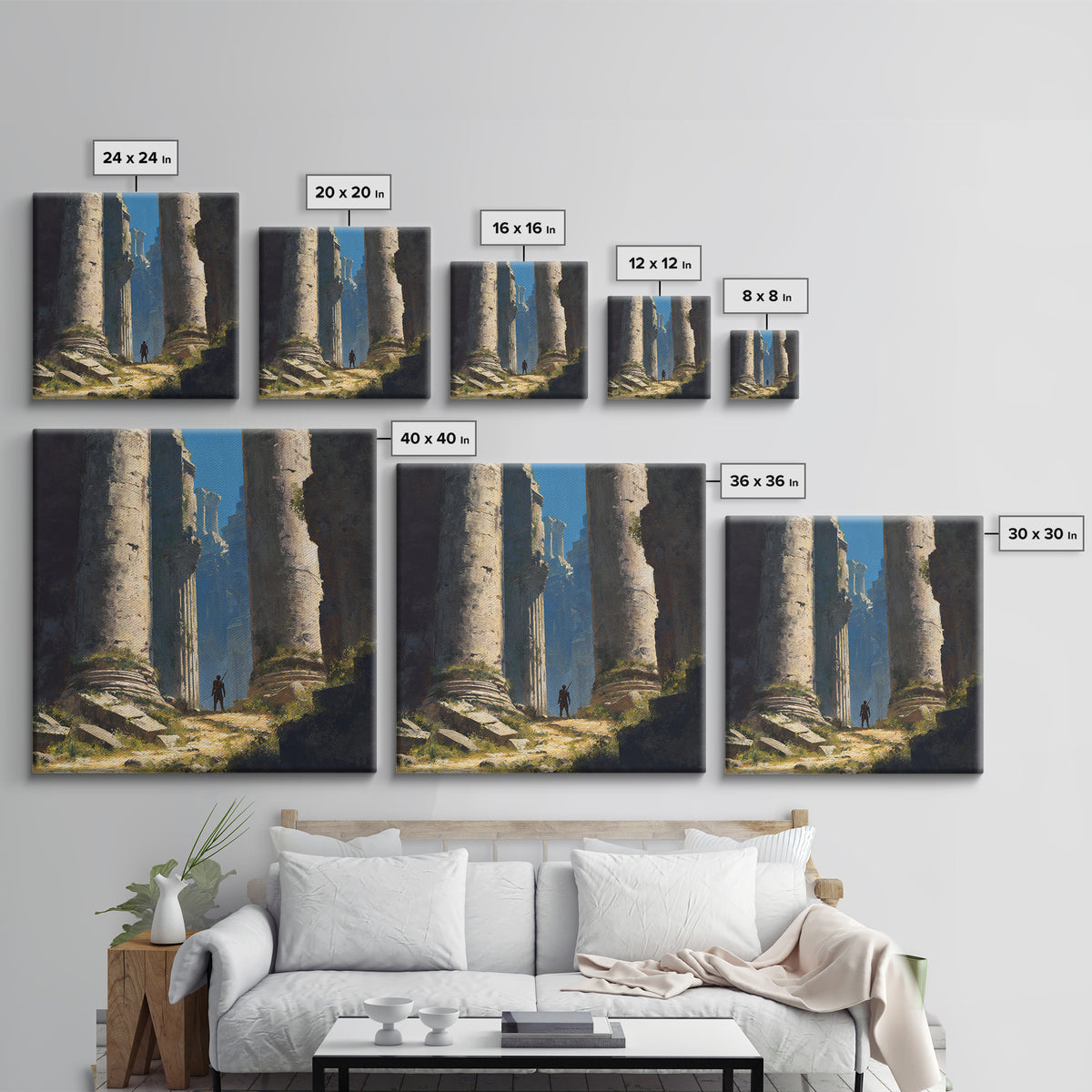 Lone Explorer In Ancient Ruins Wall Art, Fantasy Temple Landscape Painting, Dramatic Architecture Decor, Adventure Gift Idea