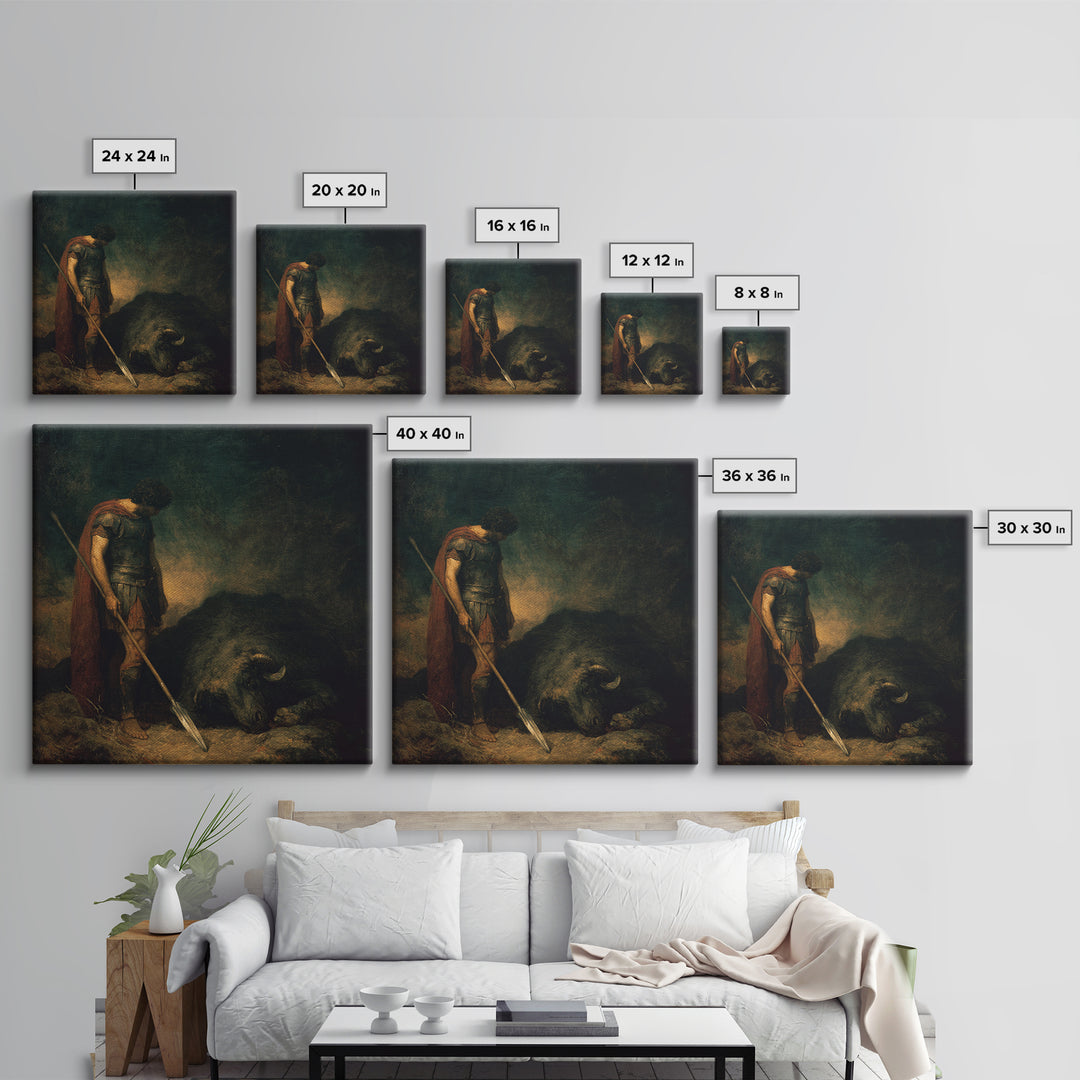 Heroic Spearman Beside Fallen Beast Wall Art, Mythological Warrior Oil Painting, Dark Fantasy Fine Art Print Living Room Decor