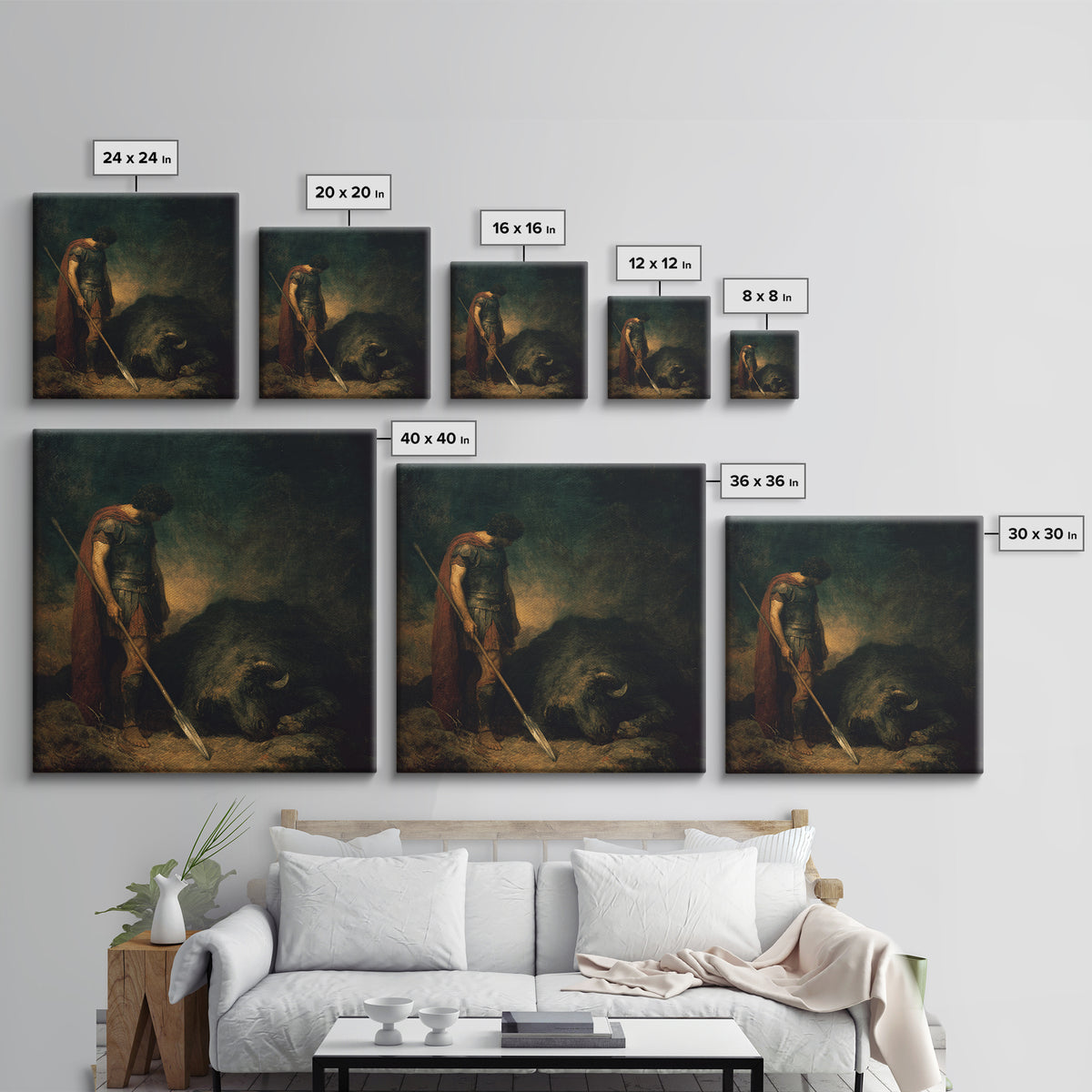 Heroic Spearman Beside Fallen Beast Wall Art, Mythological Warrior Oil Painting, Dark Fantasy Fine Art Print Living Room Decor