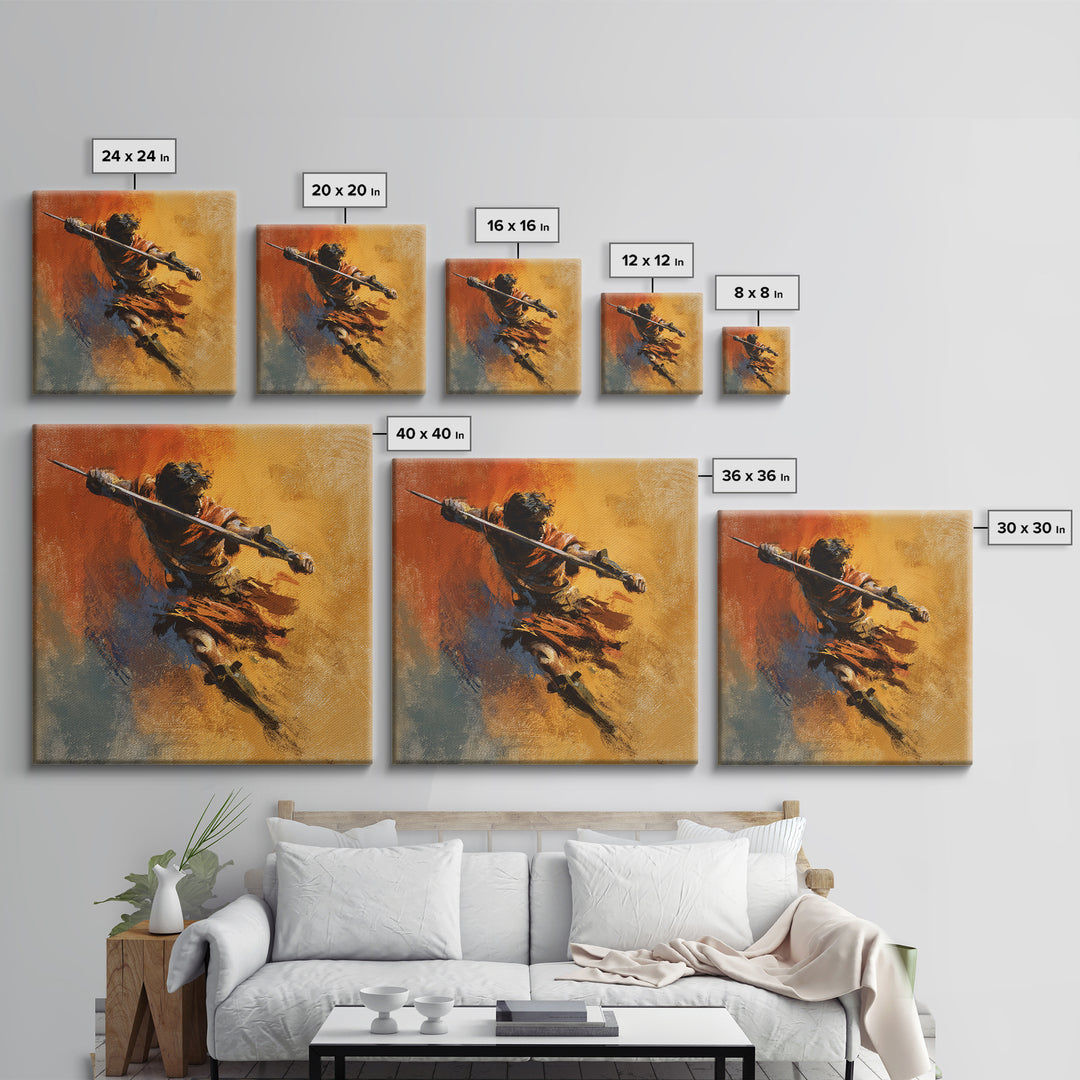 Dynamic Spear Warrior In Orange Canvas Print, Abstract Battle Figure Wall Art, Bold Fantasy Decor, Energetic Statement Art