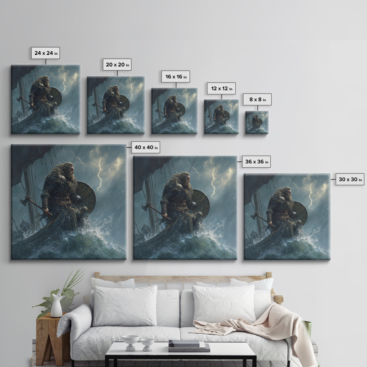 Viking Warrior In Stormy Seas Framed Canvas Print, Norse Mythology Wall Art, Dark Nautical Decor, Gift For Him, Masculine Office Art
