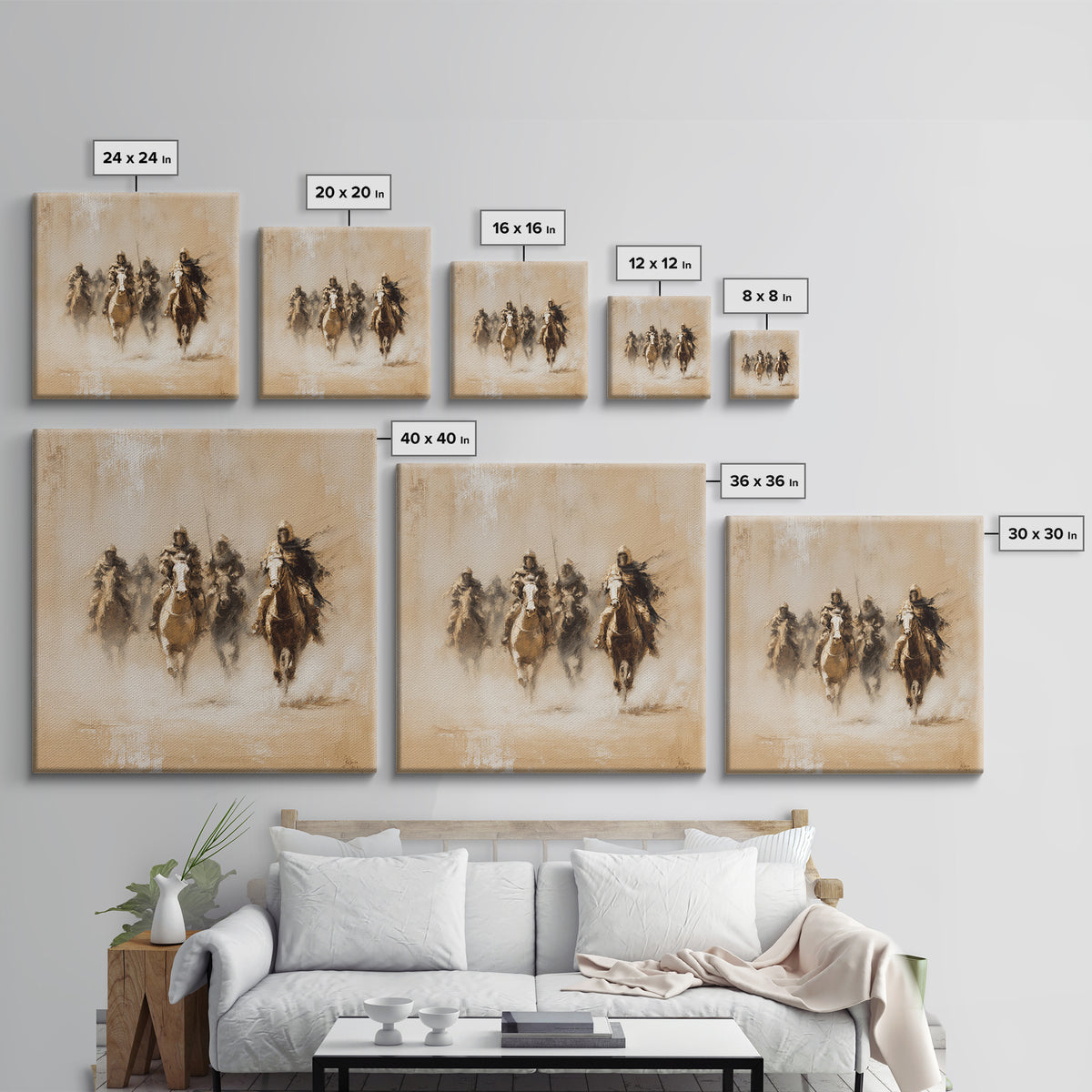 Four Dusty Medieval Horsemen Large Wall Art, Neutral Cavalry Painting, Rustic Western Canvas For Living Room And Office Decor Gift