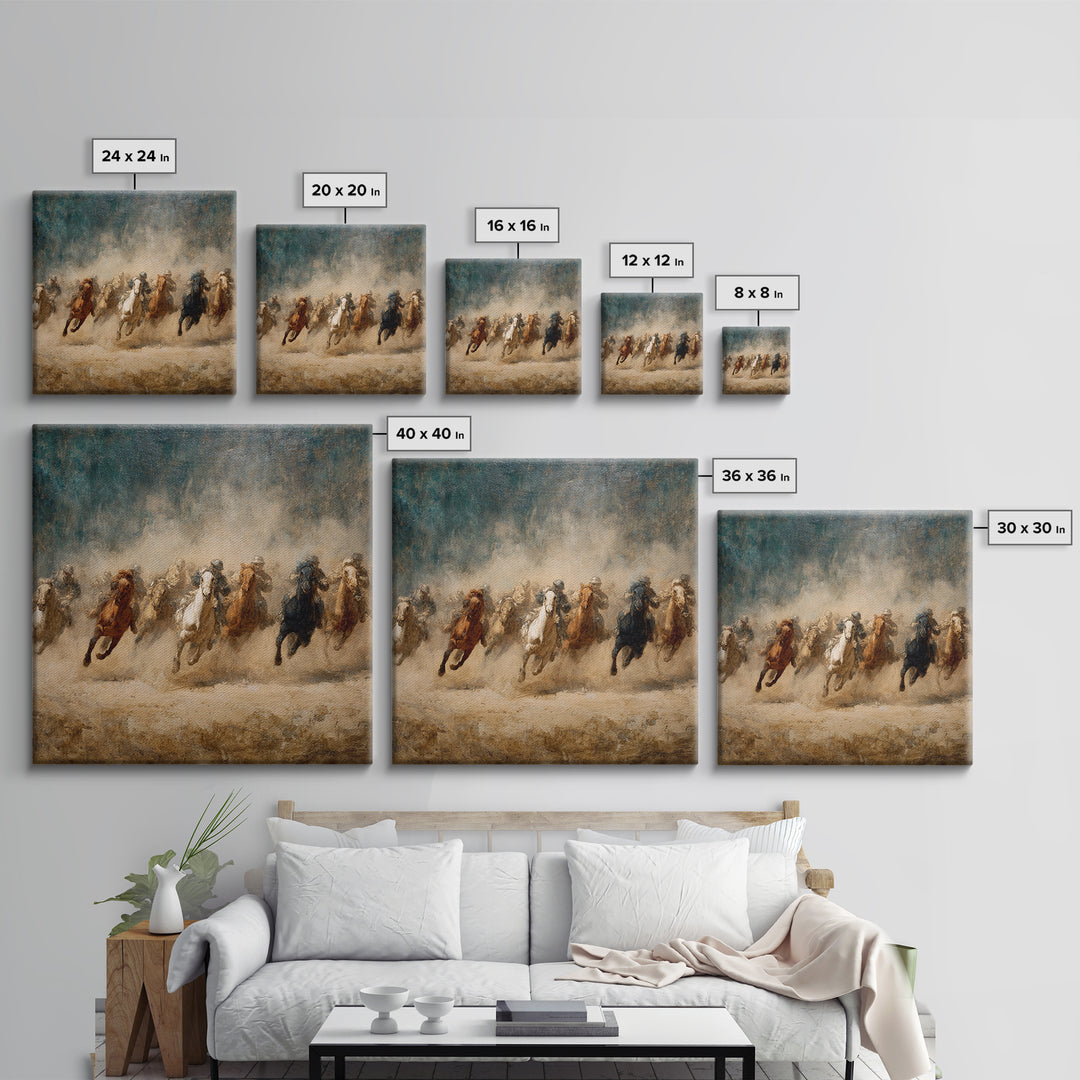 Galloping Horses Through Desert Dust Canvas Print, Equestrian Wall Art, Western Horse Painting, Rustic Living Room Decor