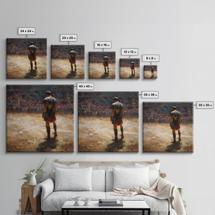 Lone Gladiator In Arena Spotlight Canvas Print, Roman Colosseum Wall Art, Historical Oil Painting, Masculine Office Decor