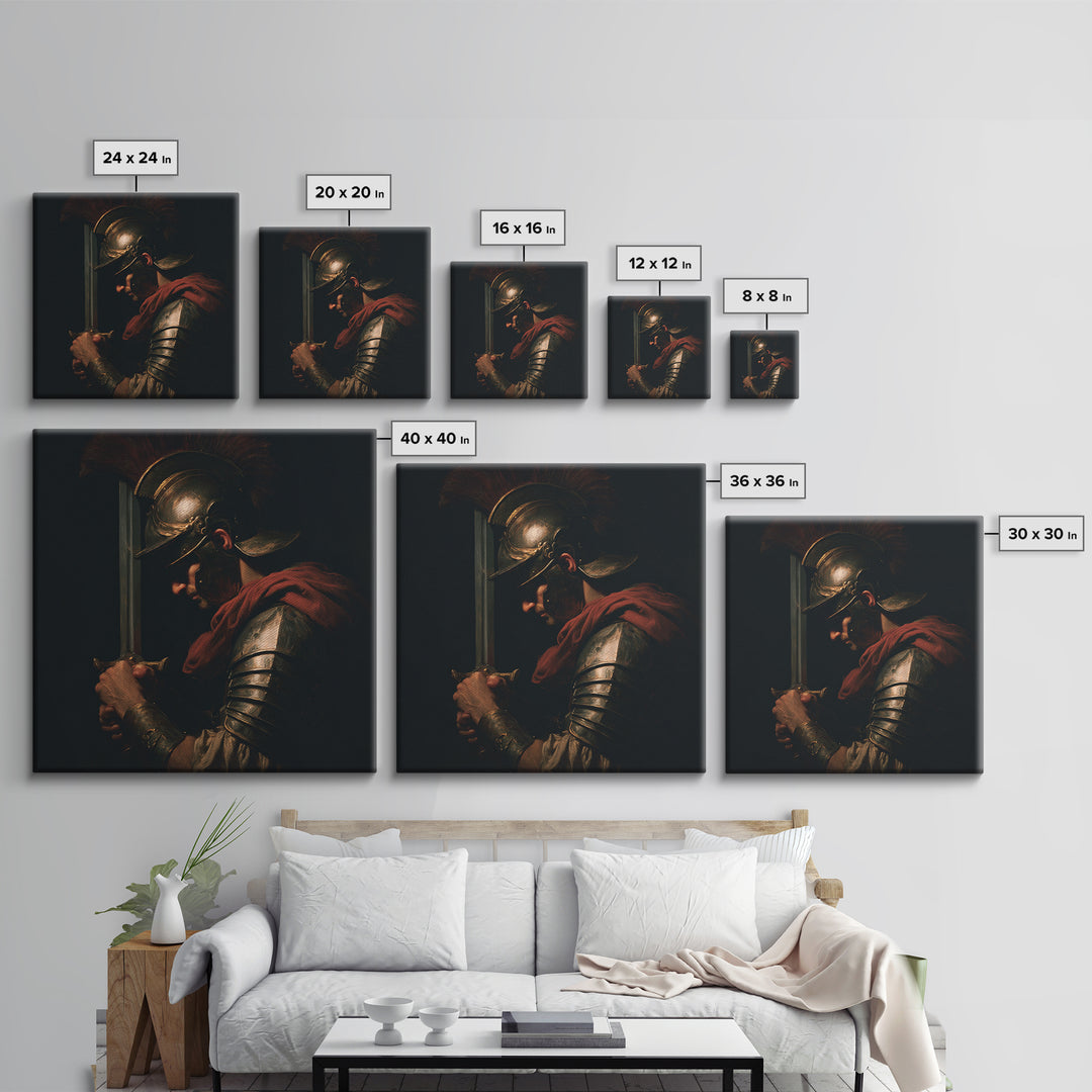Roman Warrior With Sword And Bronze Helmet Framed Canvas Print, Dark Academia Wall Art, Mythological Art, Gift For Him, Decor