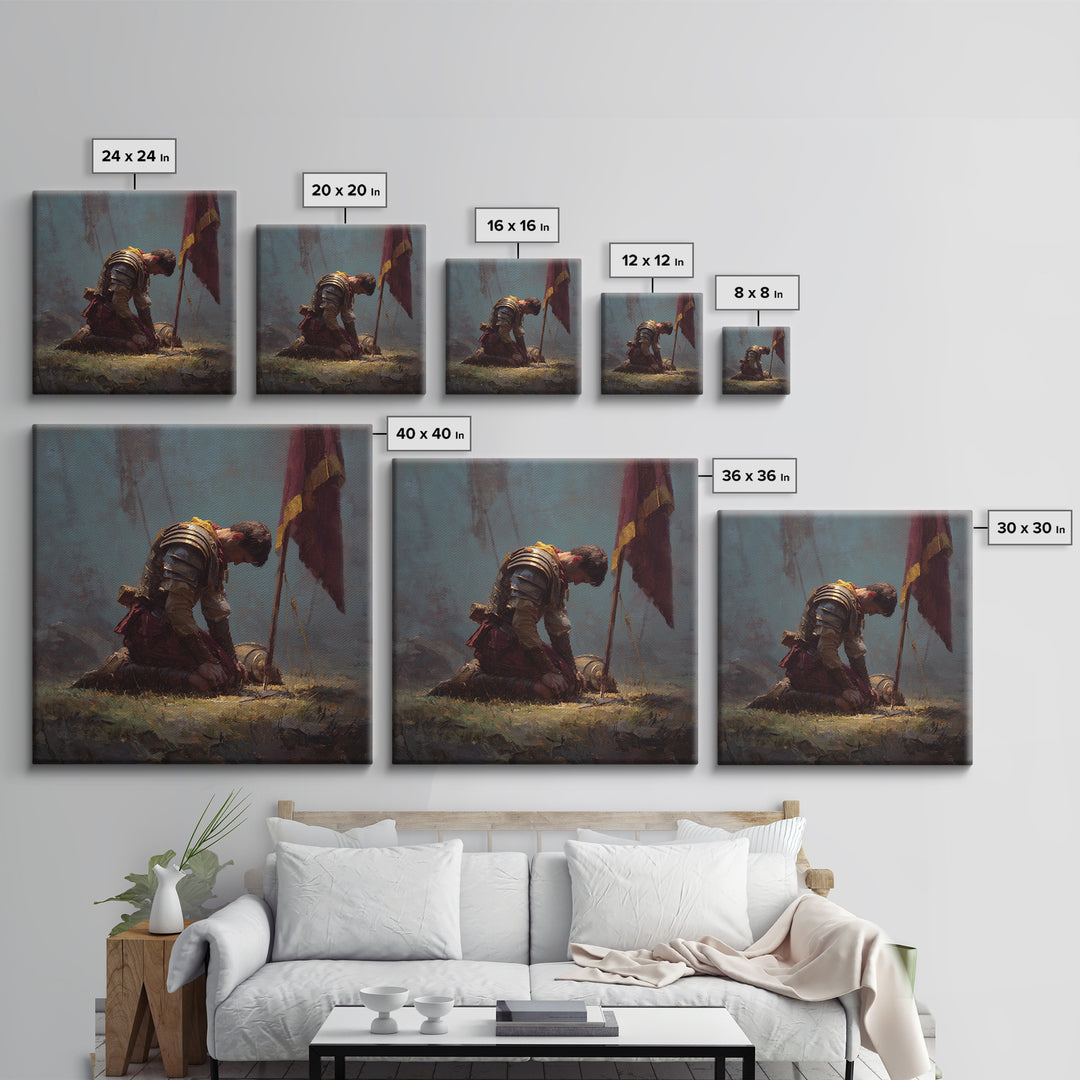 Kneeling Knight With Battle Standard Framed Canvas Print, Medieval Warrior Oil Painting, Dark Academia Wall Decor, Gift For Him