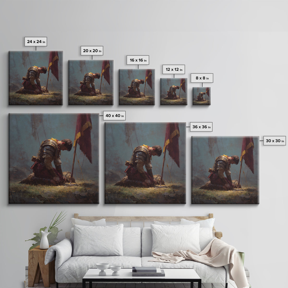 Kneeling Knight With Battle Standard Framed Canvas Print, Medieval Warrior Oil Painting, Dark Academia Wall Decor, Gift For Him