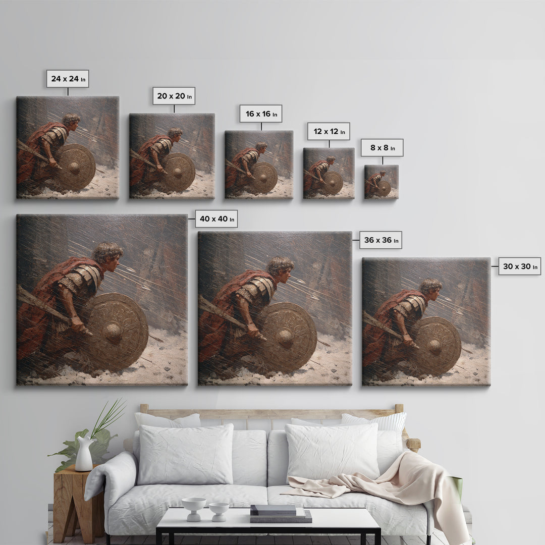 Roman Warrior Under Arrow Fire Wall Art, Snow Battle Shield Painting, Historical Canvas Print For Masculine Office Decor