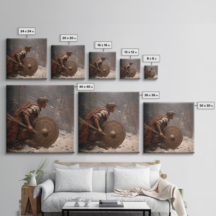 Roman Warrior Under Arrow Fire Wall Art, Snow Battle Shield Painting, Historical Canvas Print For Masculine Office Decor