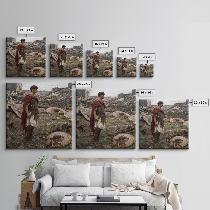 Roman Soldier Among Fallen Shields Wall Art, Ancient Warrior Oil Painting, Classical History Decor, Masculine Living Room Art