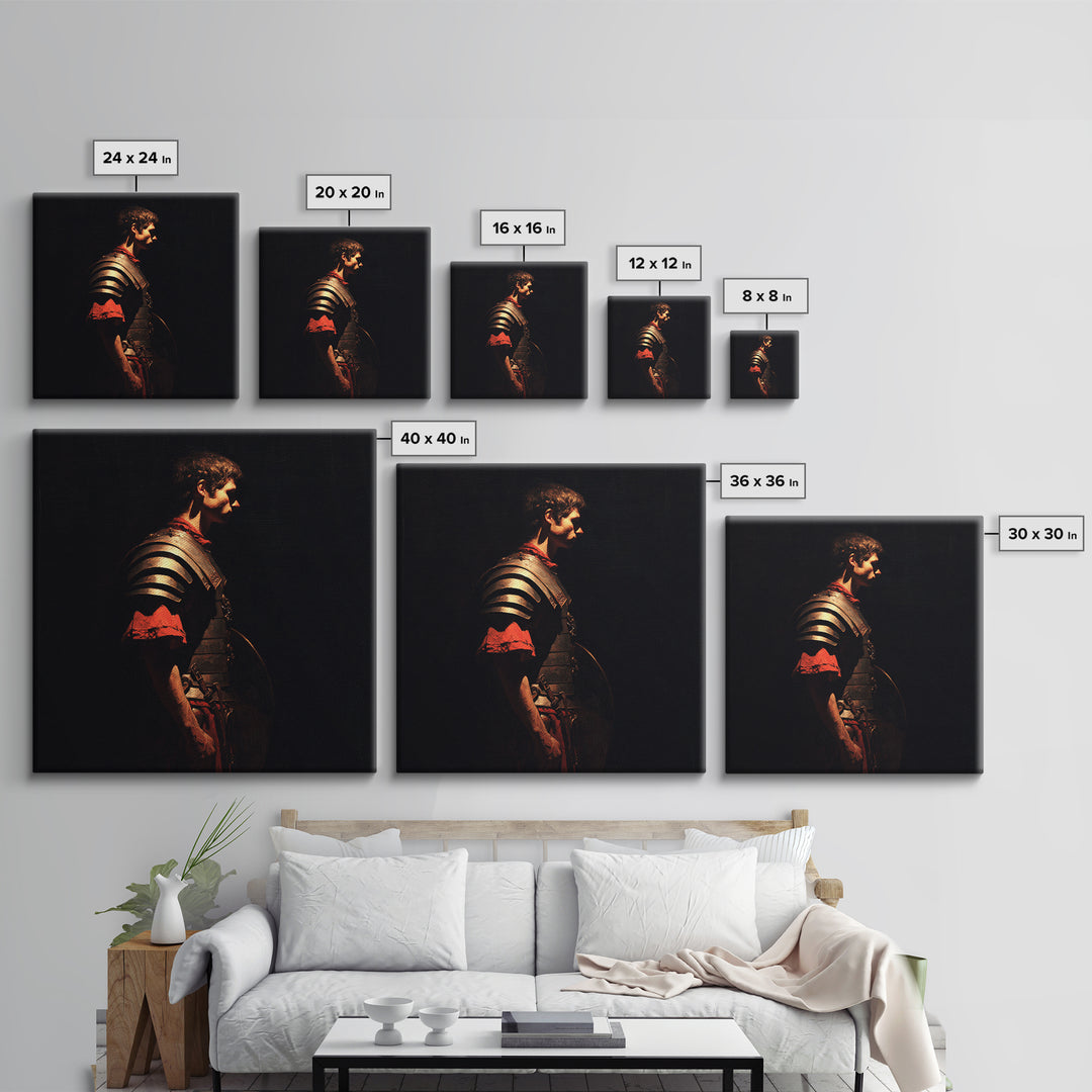 Roman Warrior In Shadow Wall Art, Dark Academia Soldier Portrait, Classical Armor Oil Painting For Masculine Office Decor