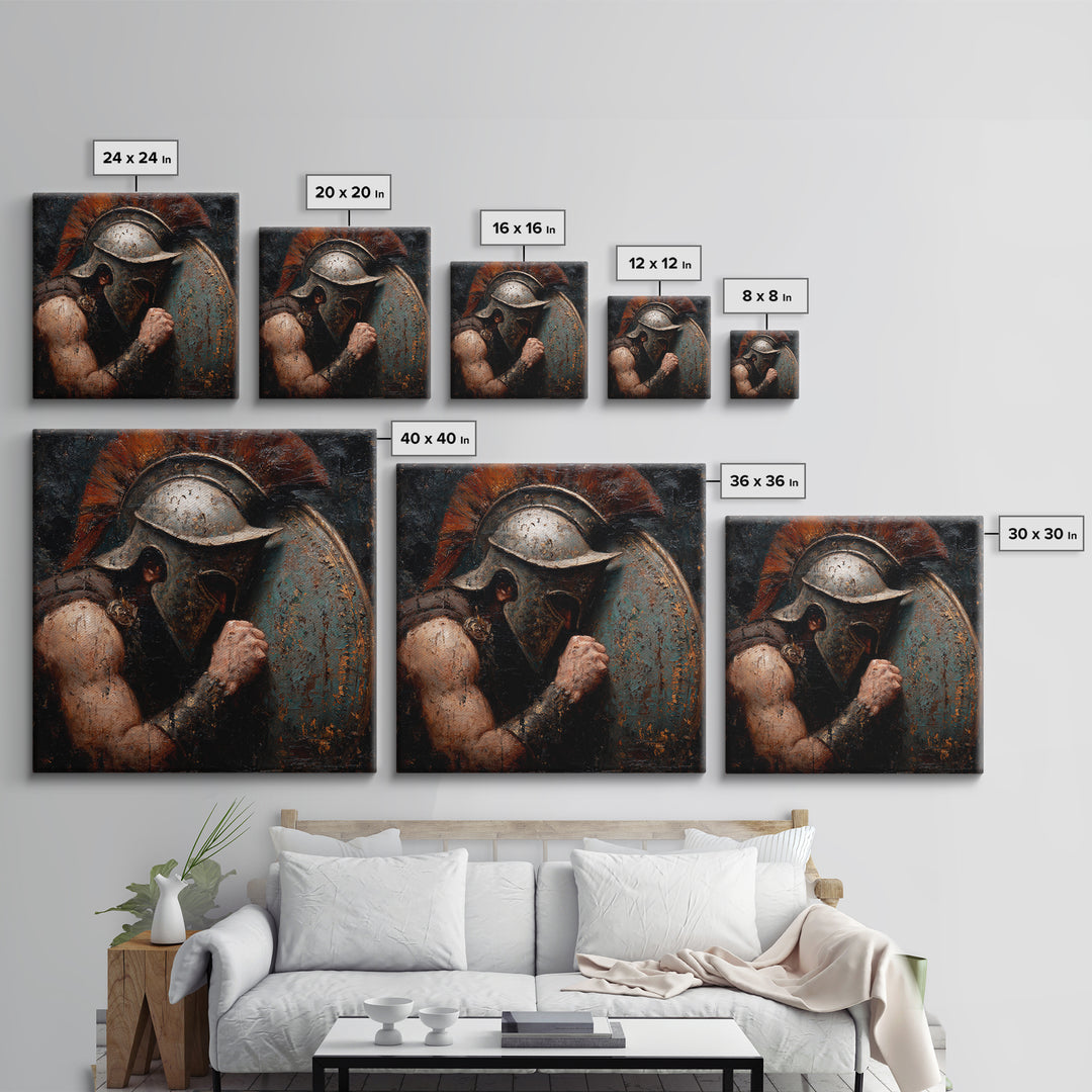 Dark Spartan Helmet And Shield Wall Art, Ancient Warrior Oil Painting, Greek Soldier Decor, Masculine Office, Gift For Him