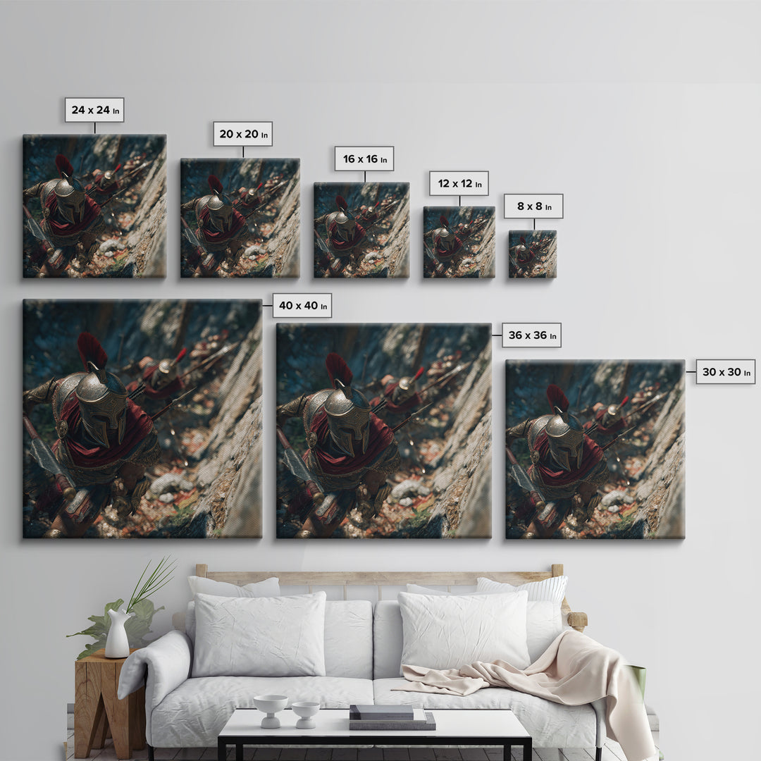 Spartan Warriors Climbing Rocky Pass Framed Canvas Print, Ancient Greek Wall Art, Roman Soldier Decor, History Gift, Fine Art