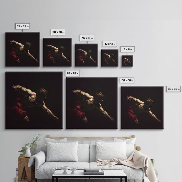 Muscular Archer In Dramatic Shadow, Baroque Framed Canvas Print, Classical Figure Wall Art, Dark Academia Decor, Gift For Him