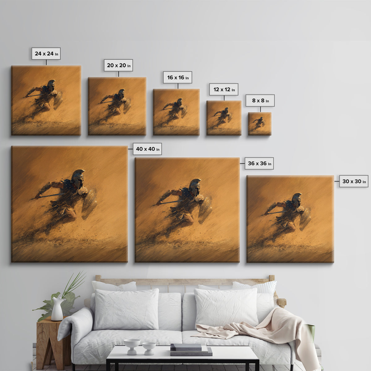 Spartan Warrior Charging Through Sandstorm Canvas Print, Greek Wall Art, Action Painting, Warm Orange Decor, Gift For Him