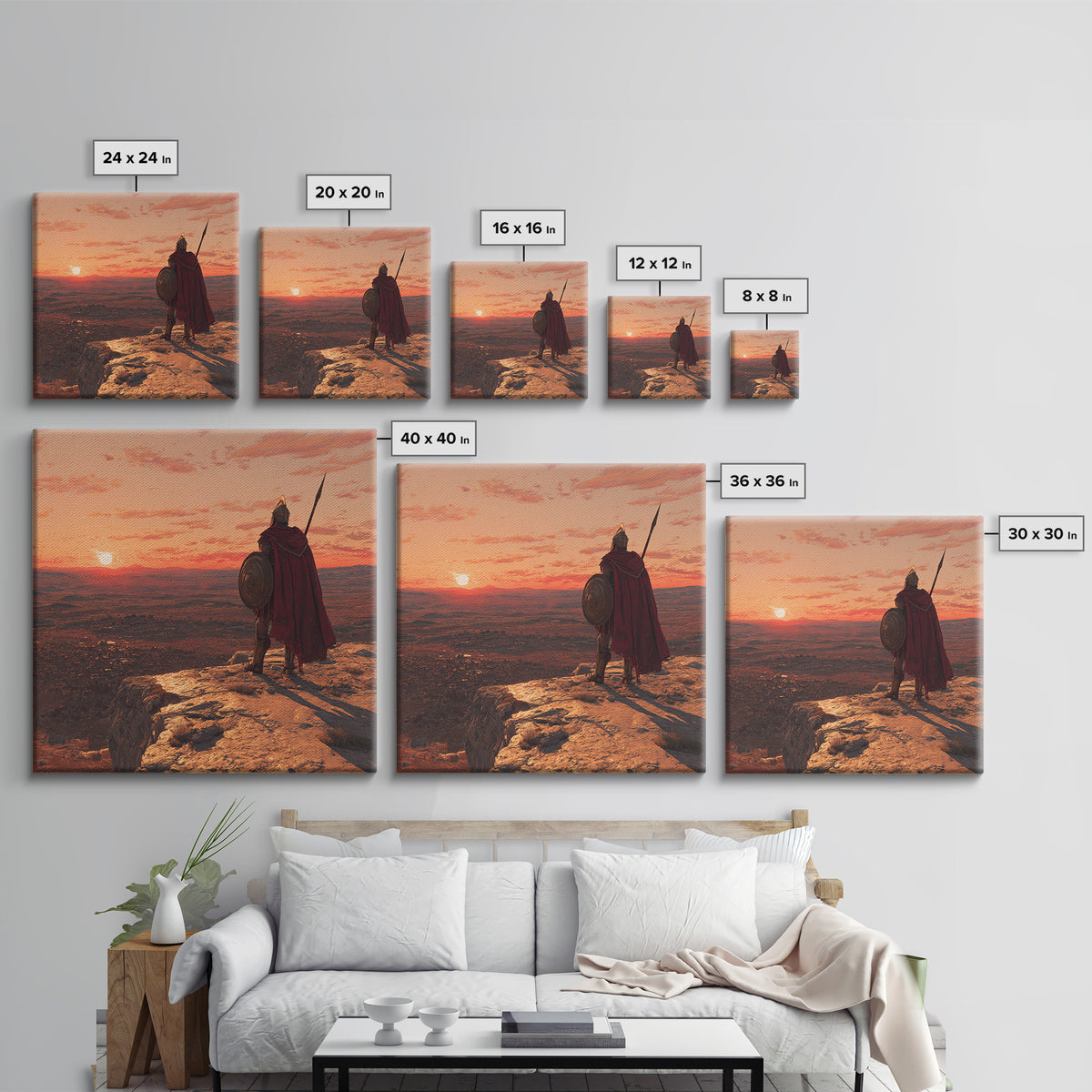Ancient Warrior At Sunset Over Valley Canvas Print, Spartan Wall Art, Historical Landscape, Masculine Office Decor Gift Idea