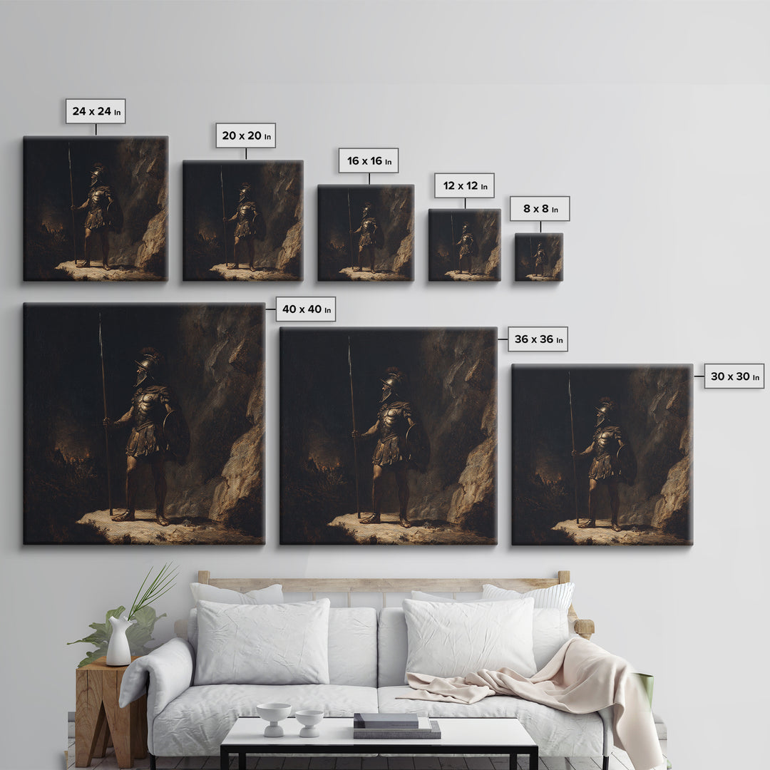 Ancient Spearman Guard In Dark Cave Canvas Print, Historical Classical Warrior Art, Moody Wall Decor, Masculine Office Decor