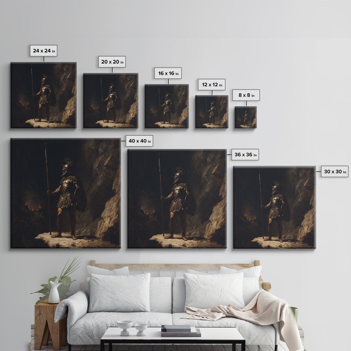 Ancient Spearman Guard In Dark Cave Canvas Print, Historical Classical Warrior Art, Moody Wall Decor, Masculine Office Decor