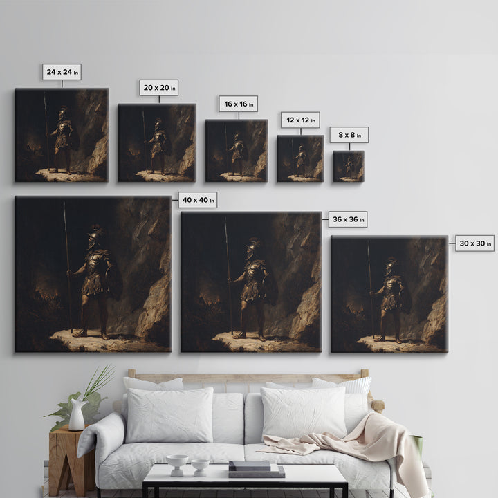 Ancient Spearman Guard In Dark Cave Canvas Print, Historical Classical Warrior Art, Moody Wall Decor, Masculine Office Decor
