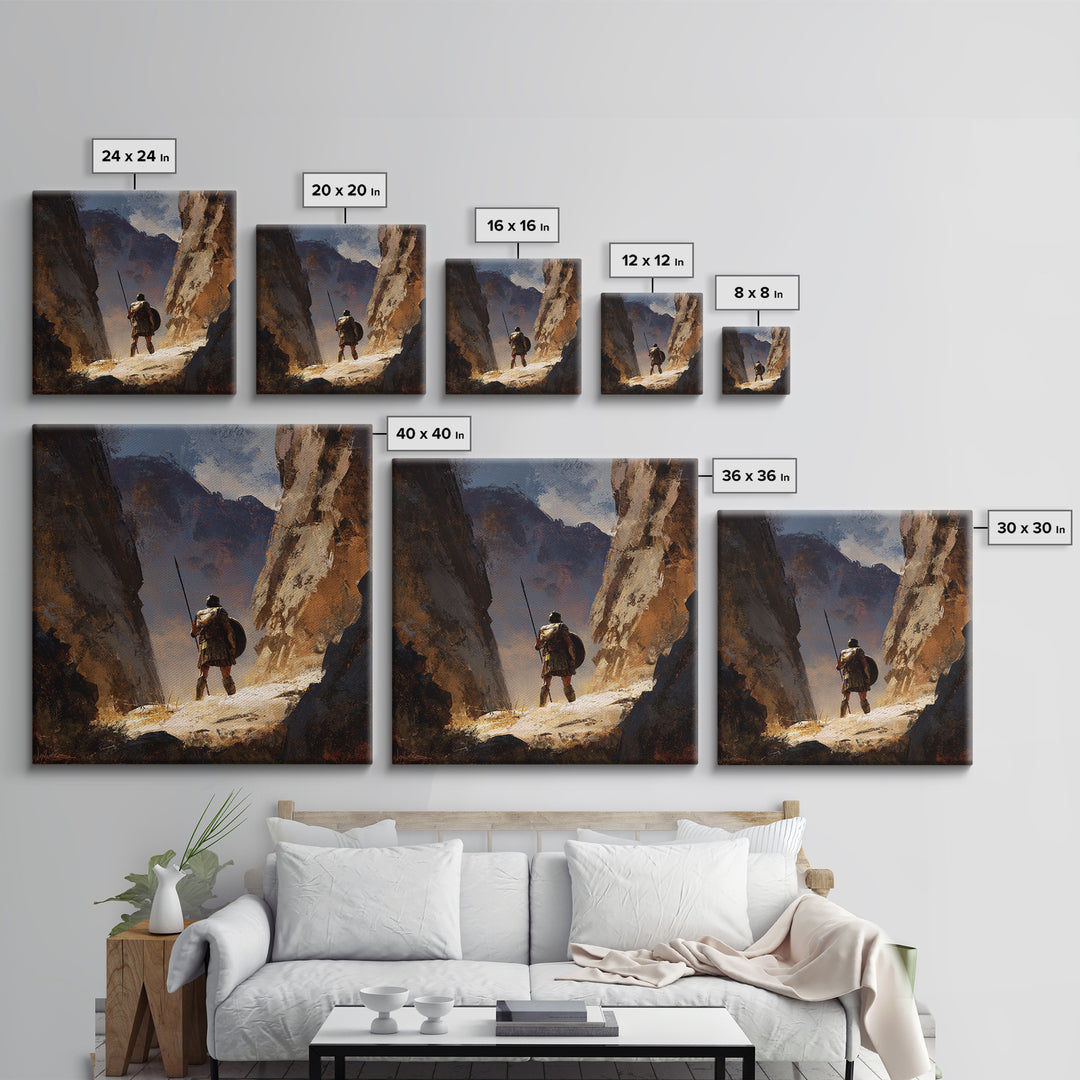 Solitary Spear Warrior In Sunlit Canyon Canvas Print, Ancient Greek Art, Southwestern Wall Art, Rustic Home Decor, Gift For Him