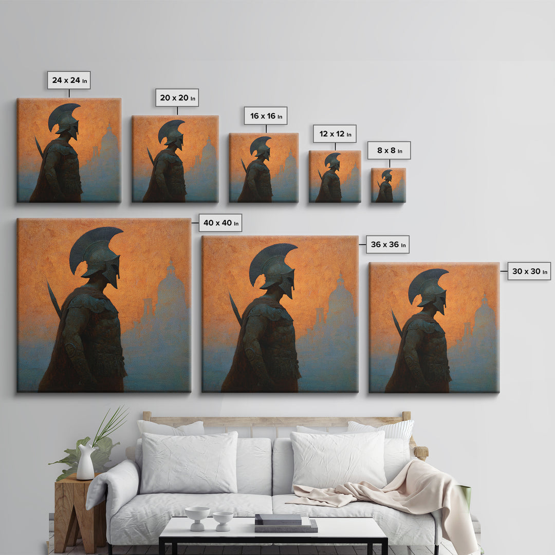 Spartan Warrior Silhouette Canvas Print, Orange Ancient Cityscape, Greek Mythology Wall Art, Classical History Home Decor