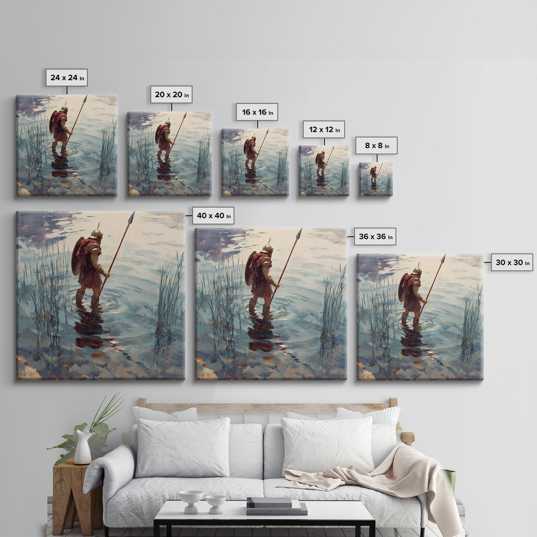Solitary Warrior Wading Through Water Wall Art, Roman Spearman Landscape, Coastal Blue Canvas Print For Living Room Decor