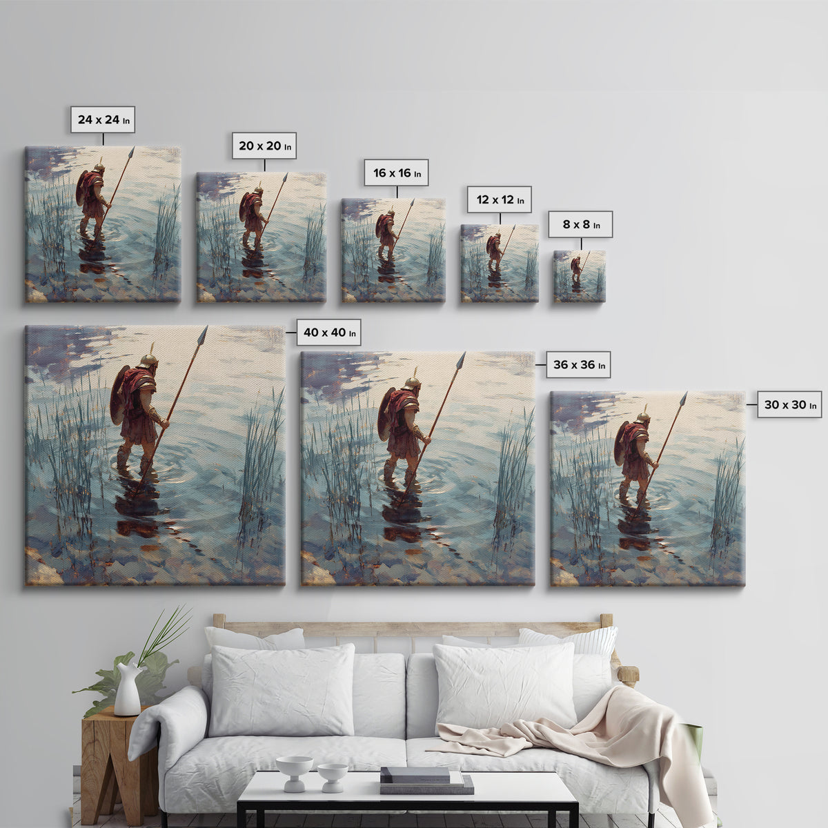 Solitary Warrior Wading Through Water Wall Art, Roman Spearman Landscape, Coastal Blue Canvas Print For Living Room Decor