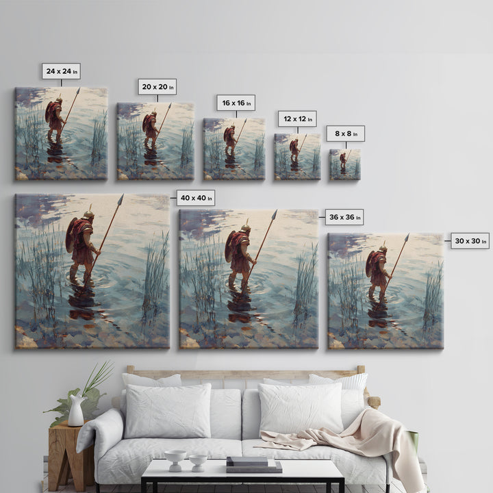 Solitary Warrior Wading Through Water Wall Art, Roman Spearman Landscape, Coastal Blue Canvas Print For Living Room Decor