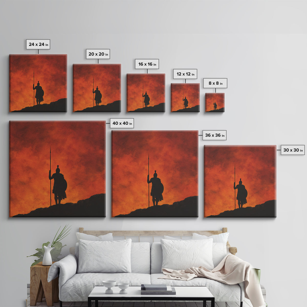 Spartan Silhouette With Spear At Red Sunset Framed Canvas Print, Greek Wall Art, Mythological Art, Dramatic Wall Decor, Gift For Him