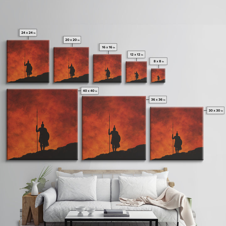 Spartan Silhouette With Spear At Red Sunset Framed Canvas Print, Greek Wall Art, Mythological Art, Dramatic Wall Decor, Gift For Him