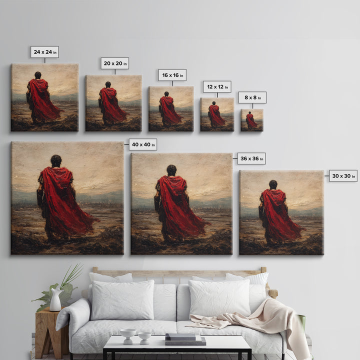 Red Cloaked Roman Warrior Framed Canvas Print, Ancient Battlefield Oil Painting, Classical Landscape Wall Art For Office
