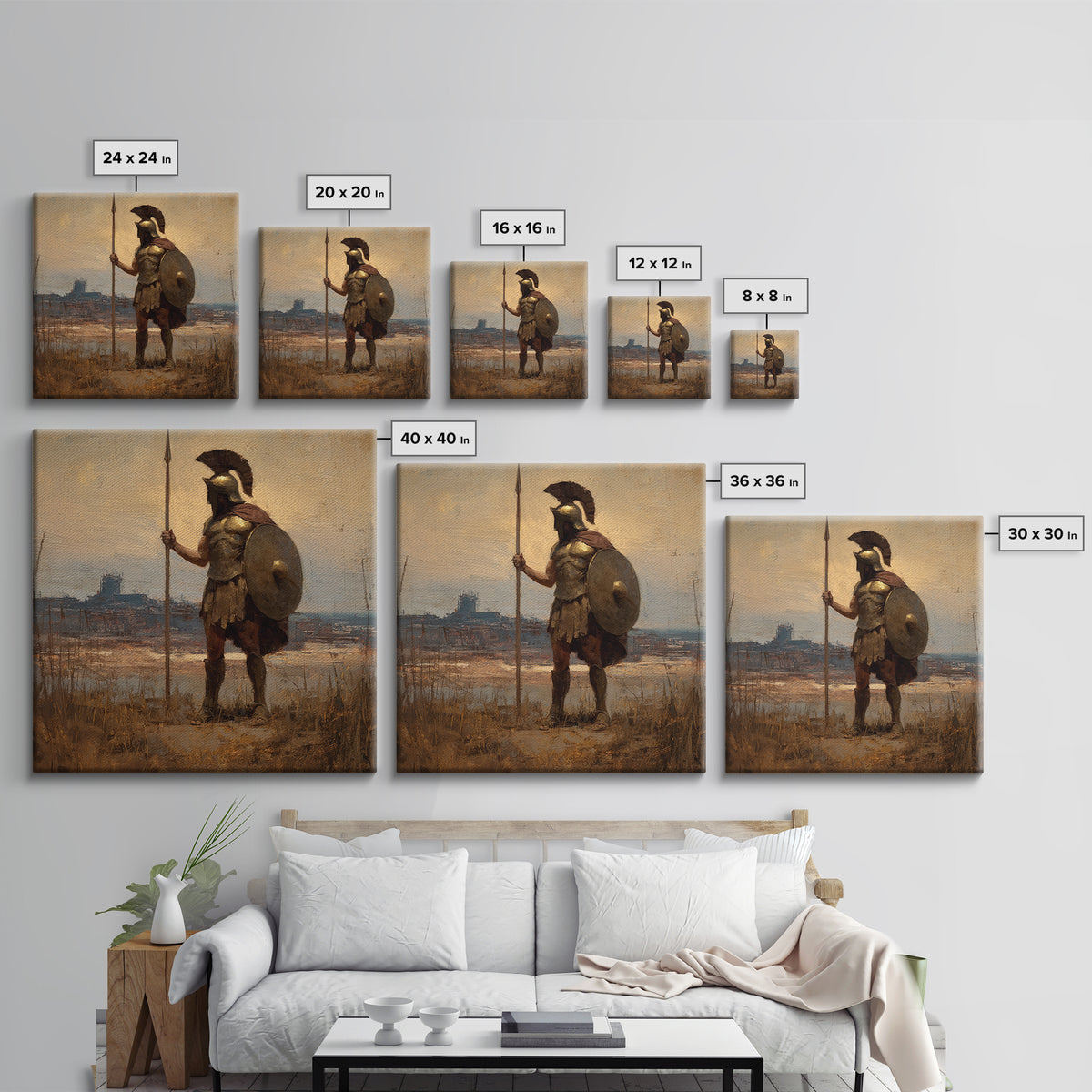 Spartan Guard With Spear And Shield Canvas Print, Greek Warrior Landscape, Ancient History Wall Decor, Masculine Office Art