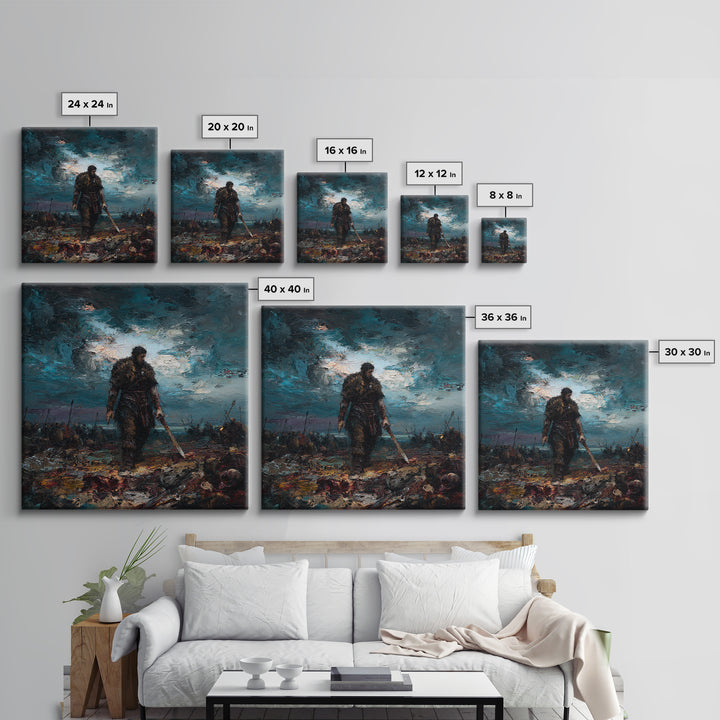 Brooding Warrior With Sword On Stormy Battlefield Canvas Print, Dark Fantasy Art, Masculine Office Decor, Gift For Him, Wall Decor