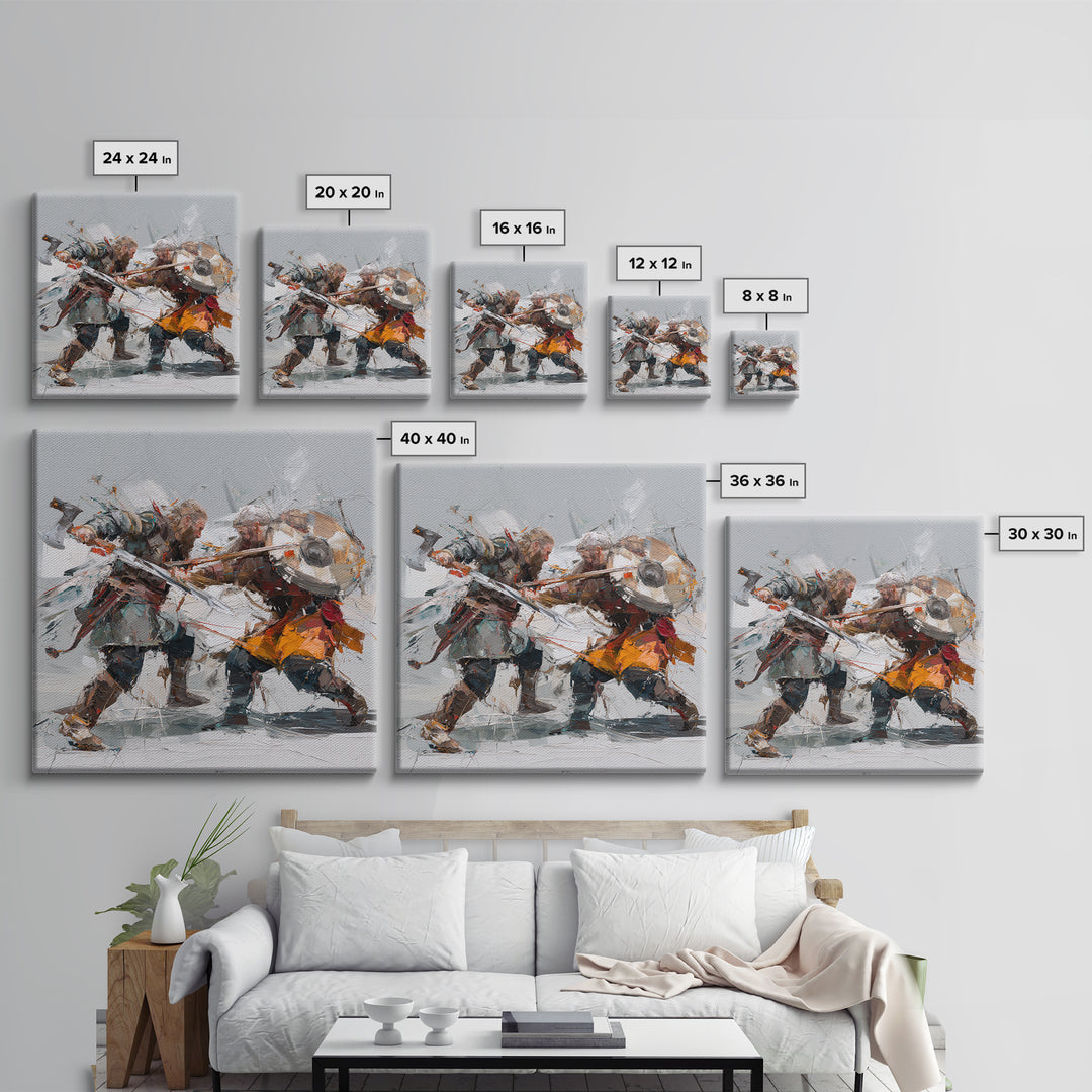 Viking Duel With Swords And Shields Canvas Print, Abstract Warrior Battle Painting, Dynamic Modern Wall Art For Game Room