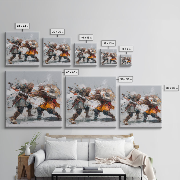 Viking Duel With Swords And Shields Canvas Print, Abstract Warrior Battle Painting, Dynamic Modern Wall Art For Game Room