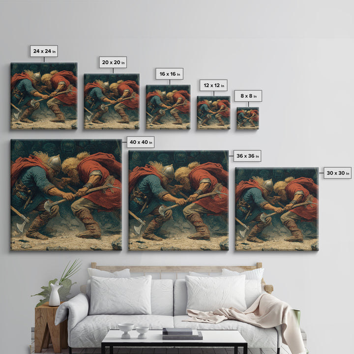 Clashing Viking Warriors With Axes Wall Art, Nordic Battle Painting, Historical Canvas Decor, Dramatic Masculine Office Art