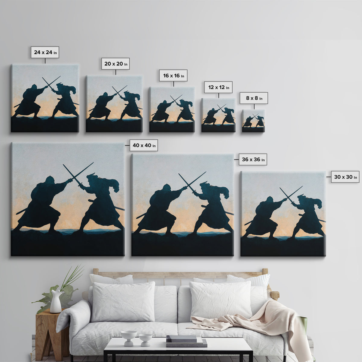 Silhouette Sword Duel At Sunset Canvas Print, Medieval Warrior Wall Decor, Viking Battle Art, Minimalist Masculine Gift For Him