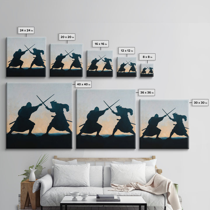 Silhouette Sword Duel At Sunset Canvas Print, Medieval Warrior Wall Decor, Viking Battle Art, Minimalist Masculine Gift For Him
