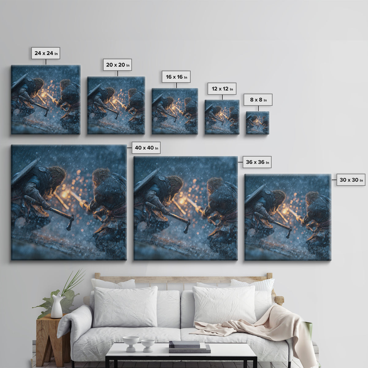 Snowy Viking Duel With Axes Wall Art, Norse Battle Canvas Print, Dark Fantasy Decor, Action Artwork, Gift For Him, Nordic Decor