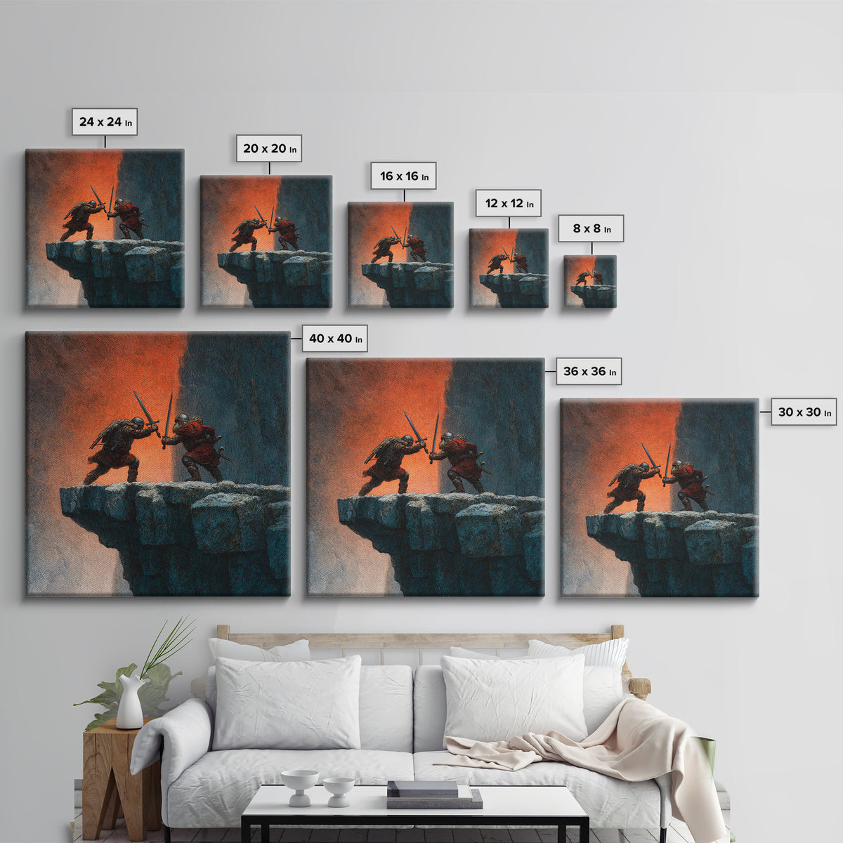 Cliffside Sword Duel Wall Art, Medieval Warriors Battle At Sunset, Dark Fantasy Canvas Print For Game Room And Office Decor