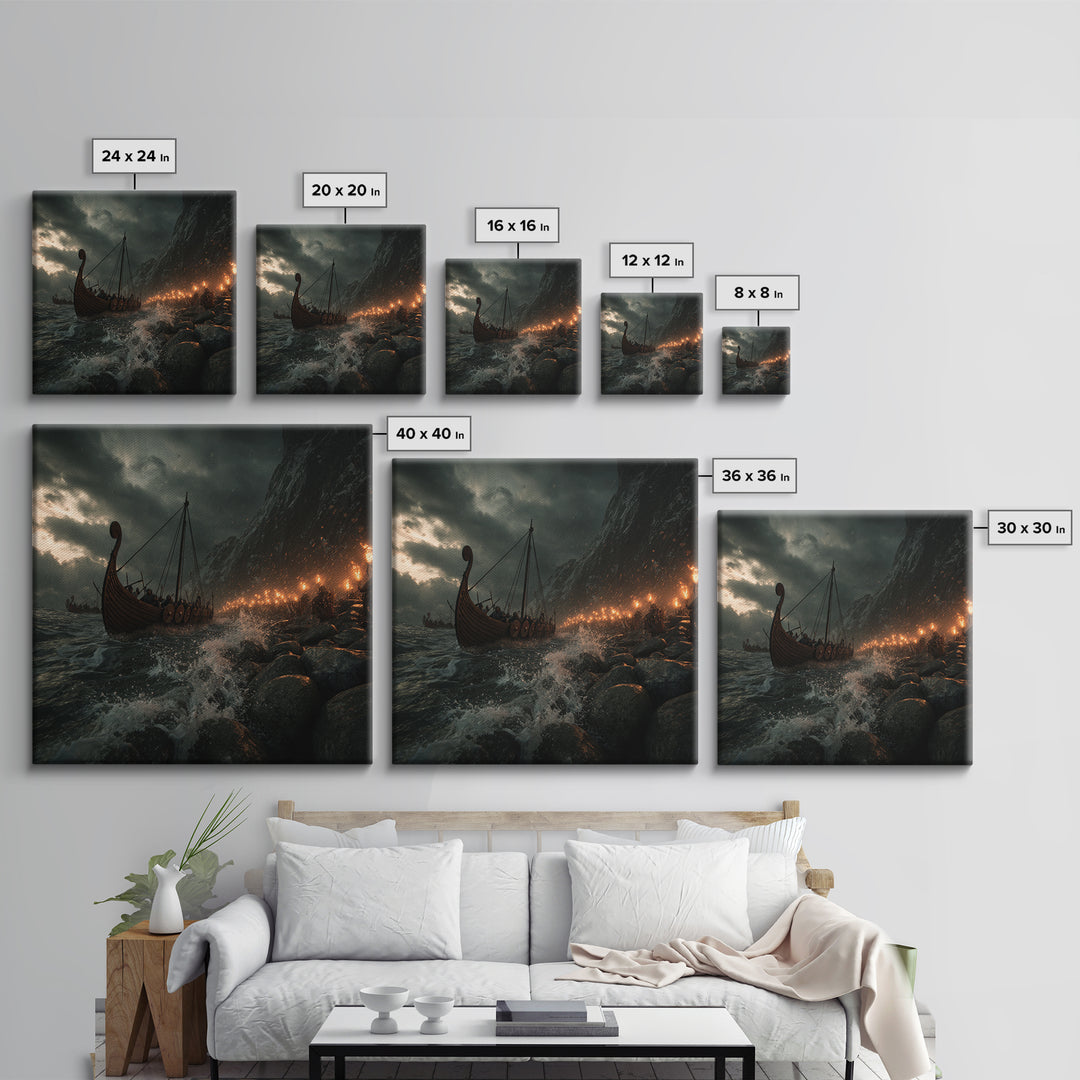 Viking Longship Stormy Shore Framed Canvas Print, Norse Seascape, Dark Fantasy Wall Decor, Masculine Office Art, Viking Wall Art