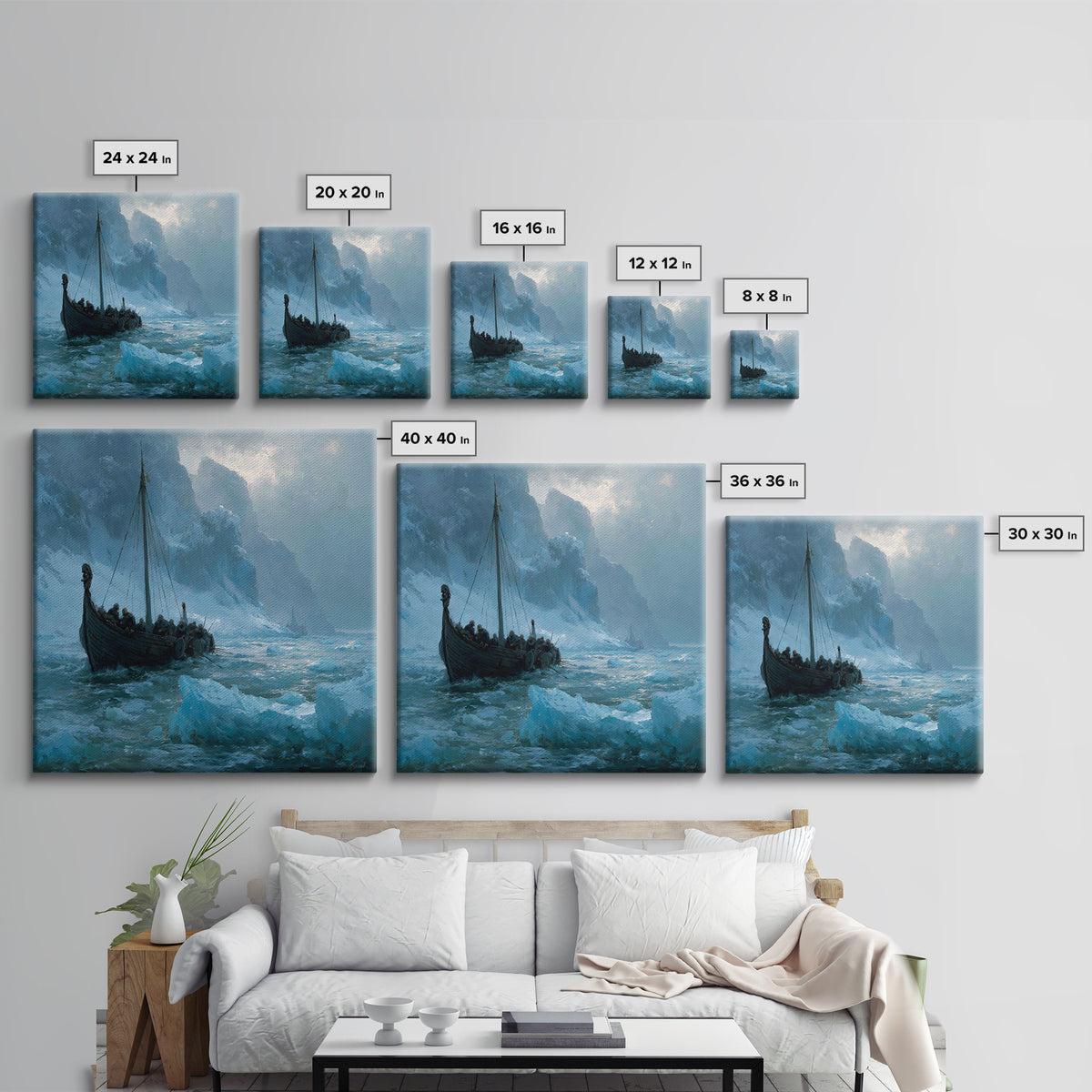 Viking Longship In Icy Fjord, Arctic Seascape Wall Art, Norse Landscape Canvas Print, Coastal Winter Decor, Gift For Him